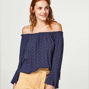 Esprit blouse peasant viscose navy blue off the shoulder shirt size polka dot